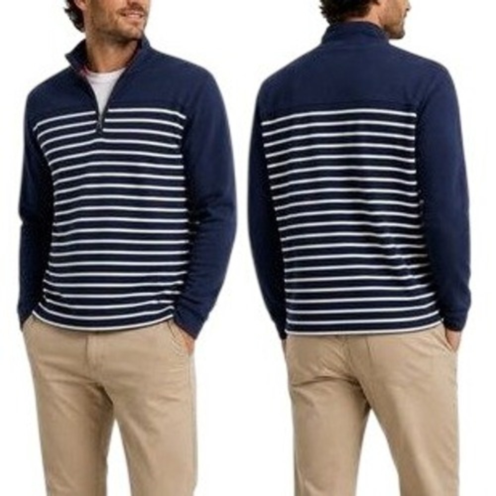 Banana Republic Men's M Tall Blue Striped Quarter Zip Pullover Polo Sweatshirt